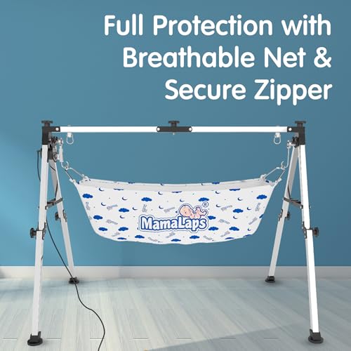 Image of MamaLaps Cotton Swing for Baby with Mosquito Net | Foldable Khoyu Zoli Jhula | Soft Breathable Cloth for Newborns | Compact Travel-Friendly Baby Jholi with Safety Hooks