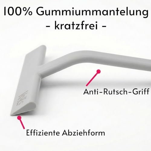 VoKs Duschabzieher Silikon, Einteilig mit Integriertem Haken, Selbsthängend, Streifenfrei für Glas, Dusche & Fliesen, Ergonomisch, ohne Bohren (Grau)
