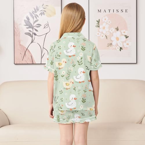 ALAZA Cartoon Duck Green Leaves Flower Pajamas Satin Pajama Set Short Sleeve Button Down Sleepwear4