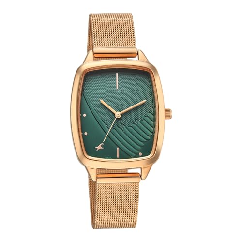 Image of Fastrack Wild Bird Feather Dark Green Dial Rose Gold Stainless Steel Strap Watch for Women - 6321WM04