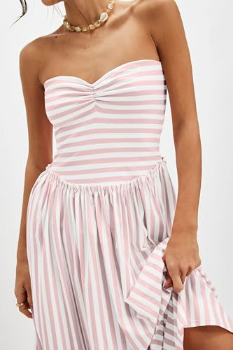 Image of Striped Tube Top Beach Dresses for Women Strapless Pleated Flowy Maxi Dress Summer Party Midi Dresses