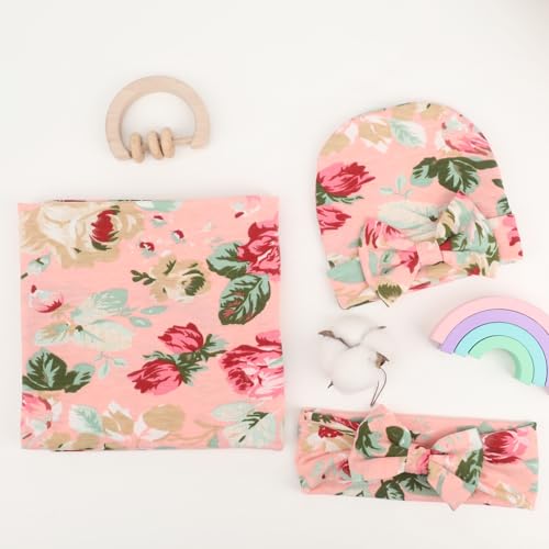 Image of DRESHOW BQUBO Baby Girl Newborn Floral Receiving Blankets with Bow Hat Headband Wooden Birth Announcement Card Set Newborn Baby Swaddling Hats Swaddle Blanket Toddler Warm Shower Gift