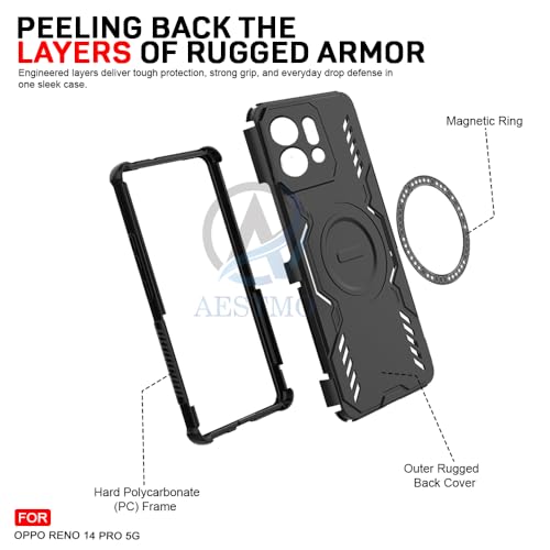 Image of AESTMO Back Case Cover for Oppo Reno 14 Pro 5G | Magnetic Case with Built-in Metal Ring | Compatible with MagSafe Accessories | Shockproof Hybrid (PC + TPU, Black)