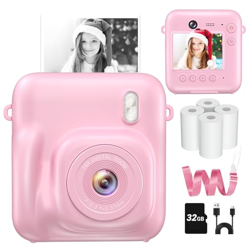 Instant Camera, Dual-Lens Kids Camera Instant Print for Boys Girls Christmas Birthday Gifts, 1080P Digital Cameras for Kids Teens with Print Paper, 32GB Card, Toddle Toy for Age 4-12 Years(Pink)