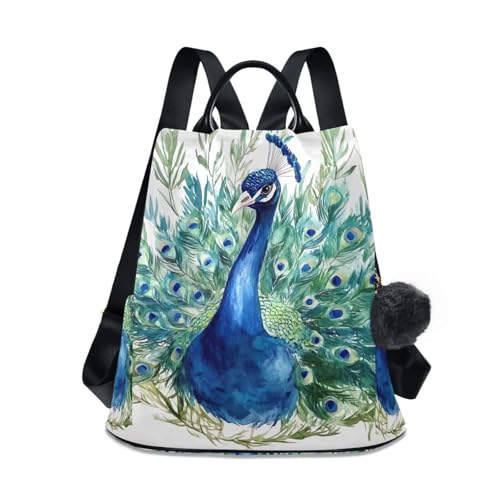 Sac à dos femme motif paon bleu aquarelle grand compartiment zippé tendance