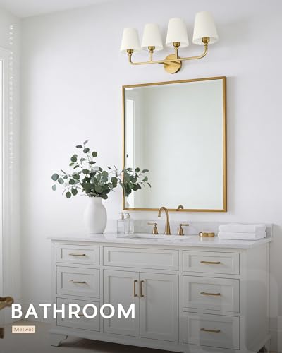 Image of 4-Light Bathroom Light Fixtures, Brushed Gold Vanity Lights with Flared Beige Fabric Shade, 28 Inch Wall Sconce, Vintage Sconces Wall Lighting for Hallway Bedroom, VL837-BG-B-4