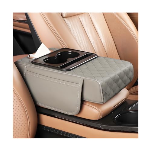 Image of Car Armrest Cushion, 5-in-1 Nappa Leather Vehicle Centre Console Cover with 2 Storage Pockets, Cup Phone & Phone Holder, Multifunctional Auto Organiser Accessories, Universal Fit (Gray)