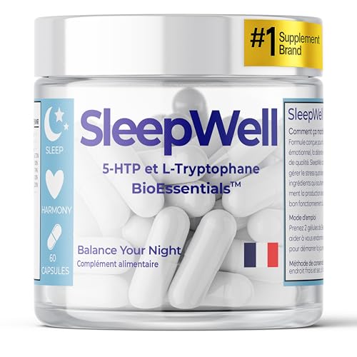 SleepWell® L-Tryptophan 500 mg - Formule Unique 5-HTP & 5-MTHF - Soutien naturel pour la sérotonine, relaxation & sommeil réparateur - Avec Griffonia & Magnésium pour soulagement du stress, 60 caps