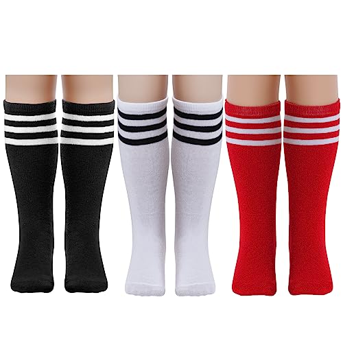 Dxhycc 3 Pairs Kids Soccer Socks Stripes Knee High Tube Socks School Cotton Uniform Sports Socks for Toddler Girls and Boys