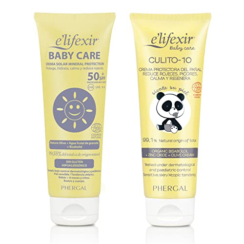 Crema Solar Niño y Bebé SPF 50 + Culito 10 | Elifexir Baby Care | Protector Solar UVA/UVB/IR-A con 100% Filtros Minerales y Resistente al Agua, Crema Protectora de Pañal Ecocert, 100ML + 75ML