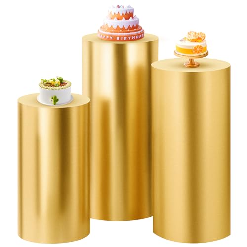 SaitiMade Set of 3 - Gold Cylinder Pedestal Stand Covers, Flexible Cylinder Stand Covers for Party, Wedding or Birthday Event Decor - Only Contains Cylinder Covers