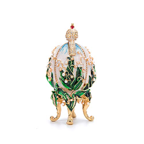 Qifu Vintage Lily Of The Valley Faberge Egg Style Enameled Collectible Figurine Pearl And Rhinestone, Unique Gift For Home Decor #TOP1