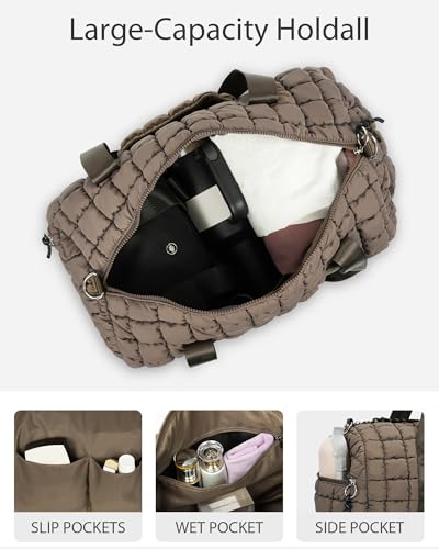 Lushandy Quilted Duffel Bag for Women, Puffer Gym Duffle Bag with Shoe Compartment Puffy Duffle Bag for Travel Overnight Carry On Bag Workout Weekend Bag, Brown4