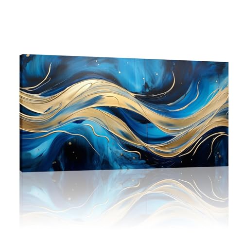 Tableau moderne bleu et or 71 x 143 cm pour créer un salon chaleureux