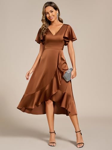 Image of Ever-Pretty Women's V Neck Satin Short Sleeve A Line Hi-Lo Midi Asymmetry Hem Bridesmaid Dress 02318