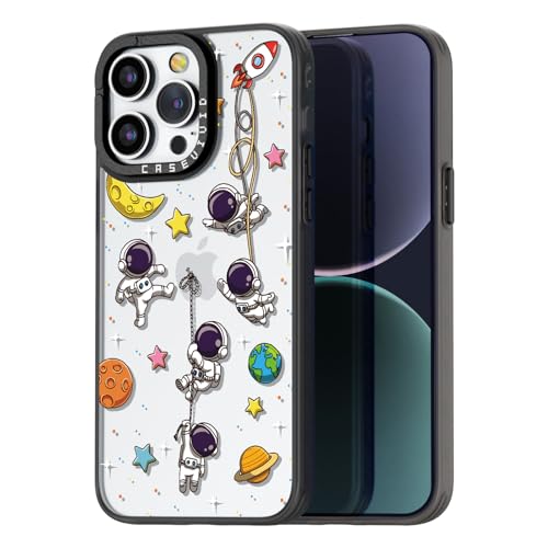 Étui iPhone 15 Pro amusant motif espace avec cordon pour soirées et sorties