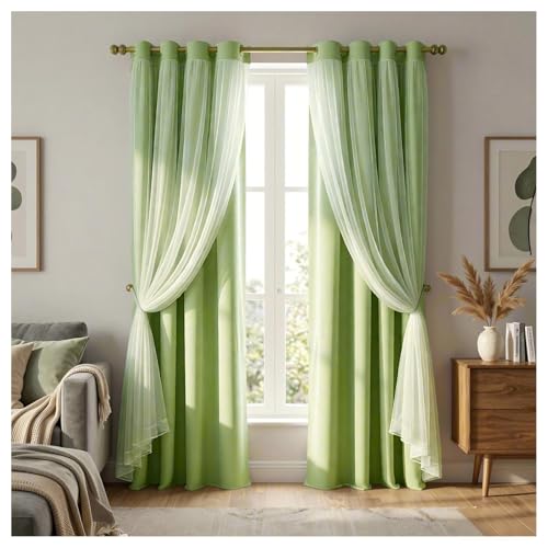 Image of Sage Green Blackout Curtains - 2 PCs Double Layer Blackout Curtains, Sheer Voile with Lace Hems, Light Block Panels Mix & Match Window Decor for Bedroom,Dining Room, Kids Room, 52 inchx84 inch