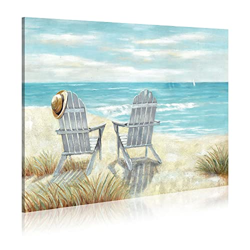 Strandkorb Leinwand Wandkunst - abstrakte Meereslandschaft Bild Kunstdruck auf Leinwand mit handgemalten strukturierten Details Gemälde für Schlafzimmer (61 x 45 cm) Cover