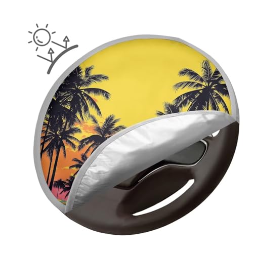 Image of Car Steering Wheel Sun Shade Cover Personalized Palm Trees Sunset Auto Interior Protector Block UV Rays Cool Removable Automotive Accessories Universal for Cars Truck SUV Van