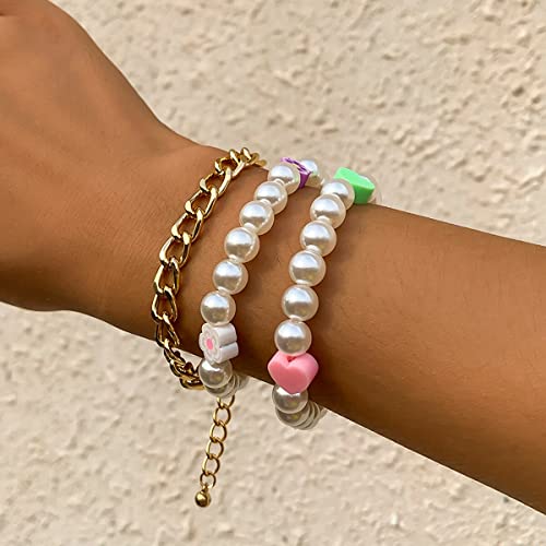 Set de 3 bracelets chaînes perles d'imitation et pendentifs fleurs - 3