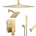 VANFOXLE Shower Faucet Set Brushed Gold Shower System,Push Button Diverter Shower Faucet with 2 in 1 Handheld,Ceiling Mount Increased Thickness 12 Inch Shower Head with 6 Inch Wall Mount Shower Head