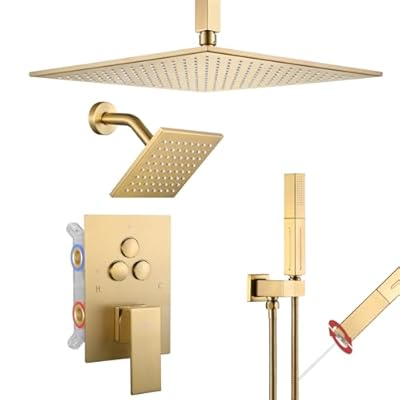 VANFOXLE Shower Faucet Set Brushed Gold Shower System,Push Button Diverter Shower Faucet with 2 in 1 Handheld,Ceiling Mount Increased Thickness 12 Inch Shower Head with 6 Inch Wall Mount Shower Head