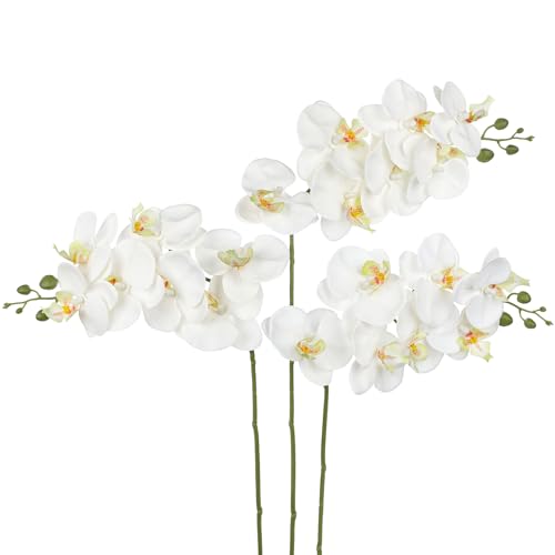 3PCS Real Touch Artificial Phalaenopsis Orchid Flowers 28.3 Tall Faux Orchid Stems Single Stem Fake Orchid Flowers for Vase White Orchid Branch for Home Decor Wedding Centerpieces Table Decoration
