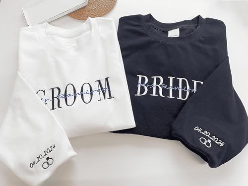 GodLover Custom Embroidered Groom and Bride Hoodies Sweatshirt, Custom Name for Couple, Embroidered Custom Aniversary Date On Sleeve With Initial Hearts, Gifts for Him Her, Matching Couples Hoodies