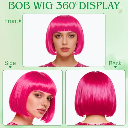 Image of MEEZY 2 Pcs Colorful Bob Wigs with Bangs Green Hot Pink for Women, Neon Funny Wig Short Bob Hair with Heart Sunglasses Hair Cap for Halloween Costume Cosplay Birthday Bachelorette Party Carnival