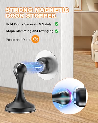 Image of Crosize Magnetic Door Stoppers 6 Pack, Stainless Steel Door Stops for Wall and Floor Mounting, Door Holder Keep Door Open, No Drilling Door Stop with 3D Adhesive Tapes, Black