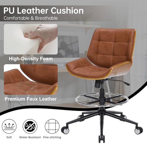 Image of Drafting Office Chair Ergonomic Executive Computer Standing Desk Chair with Adjustable Height and Footrest Ring, Drafting Chair for Counter Height Desk and Drawing (Brown)