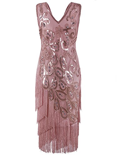VIJIV Women's Vintage 1920s Style Peacock Sequin Roaring 20s Gatsby Party Flapper Dress4