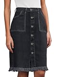 Vetinee Denim Skirt Women Raw Hem Jean Knee Length Stretchy Button Front S Soft Black Medium Fits Size 8 - Size 10