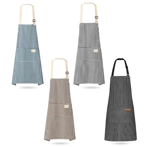 Meunhy Kitchen Aprons for Women Men, 4 PCS Adjustable Stripel Aprons for Cooking with Large Pockets, Unisex Kitchen Cooking Apron Chef Bakers Apron for Baking, Gardening, BBQ, Household Cleaning