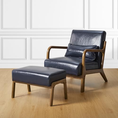 Sillón cuero azul con patas de madera robusta miniatura 1