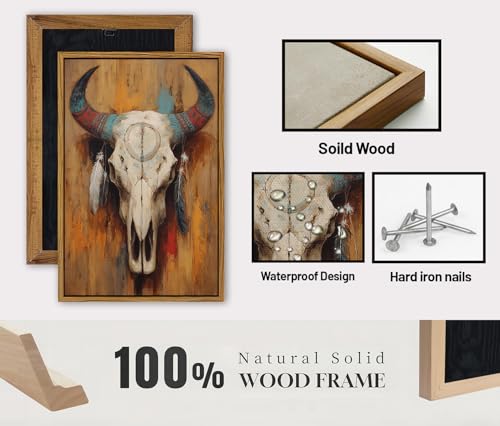 Image of Western Bull Skull Wall Art Framed Rustic Tribal Cow Skull Painting with Feathers, Southwestern Boho Canvas Wall Decor Western Farmhouse Artwork for Living Room Bedroom Office Home Decorations 16x24