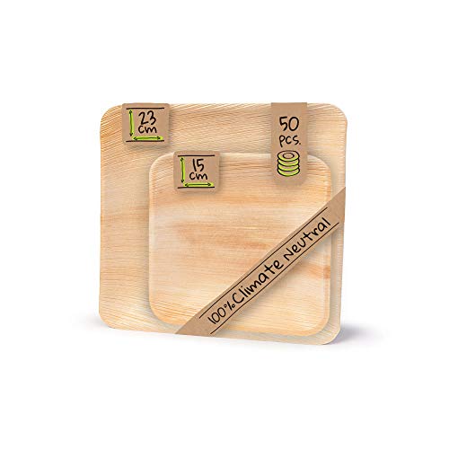 BIOZOYG vaisselle en feuilles de palmier de haute qualité assiette jetable I 23x23cm et 15x15cm chacun 25 pièces I vaisselle chic jetable carré I assiette...