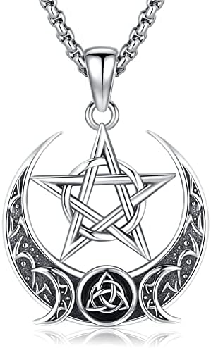 LOOVE Pentagram Necklace for Men Sterling Silver Triple Moon Goddess Pentacle Pendant Celtic Pentagram Necklace for Women Wiccan Jewelry