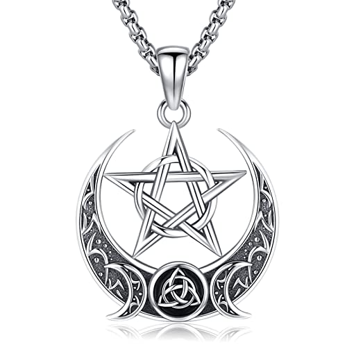 Loove Pentagram Necklace For Men Sterling Silver Triple Moon Goddess Pentacle Pendant Celtic Pentagram Necklace For Women Wiccan Jewelry #TOP1
