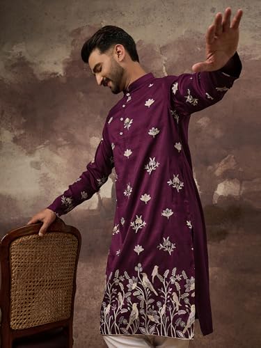 Image of Men's Calf Length Silk Blend Embroidered Solid Kurtas | Men | Kurtas for Mens | Straight Fit Kurta for Men's