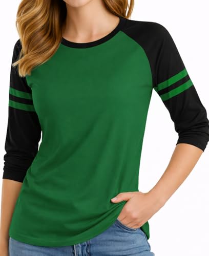 URBAN CREST Stripped Raglan Shirts for Women - Baseball Jersey Womens 3/4 Long Sleeves Baseball Tee Shirts- Green & Black Striped Raglan-[40041034]- Large