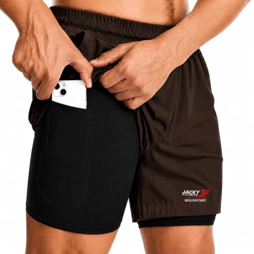 Image of Men's 2-in-1 Dual Layer Workout Shorts with Compression Liner, Phone Pocket, Quick-Dry Athletic Running Shorts for Gym, Training, Sports & Fitness