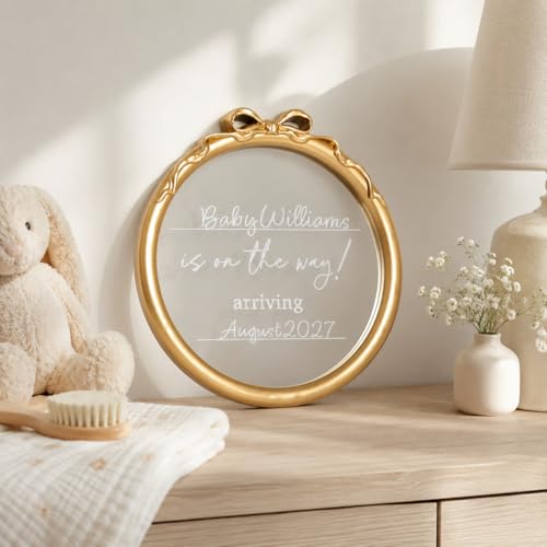 Image of Kate & Milo Gold Bow Baby Announcement Mirror Sign, inchBaby Is On The Way inch Pregnancy Reveal Plaque, Personalized Baby Name & Due Date Nursery Decor