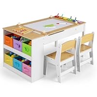 Maxmass 2-in-1 Kids Art Table and Chair Set, Children Lift-top Wooden Craft Table with Open Shelf, Paper Roll, 6 Storage Boxes, Toddler Play Tables for Drawing Learning (Wooden, 6 Cups with Cover)