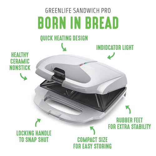 GreenLife Pro Electric Panini Press Grill and Sandwich Maker, Healthy Ceramic Nonstick Plates,Easy Indicator Light, PFAS-Free, Gray