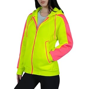 Neon Hoodie Sweatshirt for Women High Visibility Fleece Jacket with Full Zipper for Outdoor Athletic Safety