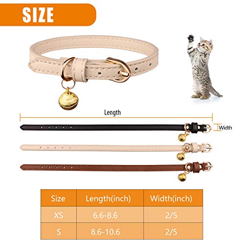 Jamktepat 3 Pack Leather Cat Collars with Bells Soft Pet Safety Collar Kitten Collars with Bell Black Chocolate Beige(S) - Image 6