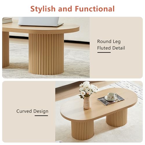 Image of Fluted Oval Coffee Table for Living Room, Boho Modern Coffee Table,Natural | Mid Century Modern Coffee Table with Fluted Legs, Wooden Center Table for Home Office Cafe, Vintage, 39.38 inch x 19.69 inch x 13.78 inch