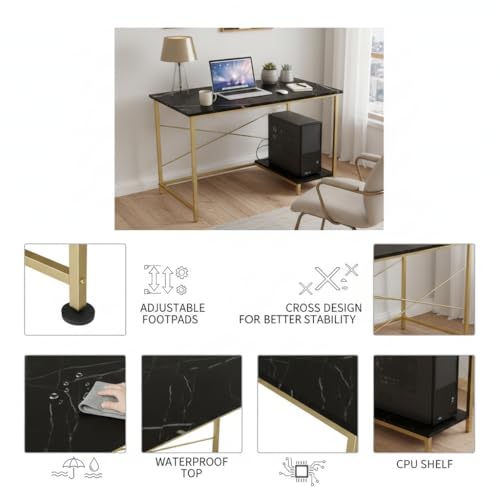 Image of RIZIK Store Folding Study Table | 36 inchx24 inch Computer Desk with Laminated Top & Metal Frame | Home Office, Bedroom, Study & Kids Room Warranty Protected (Marble Black & Gold)