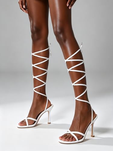 Image of Mostrin Womens Sandals Strappy Heels for Women Lace Up Square Open Toe Heels Tie Up High Heeled Sandals for Prom, Party, Daily Wear